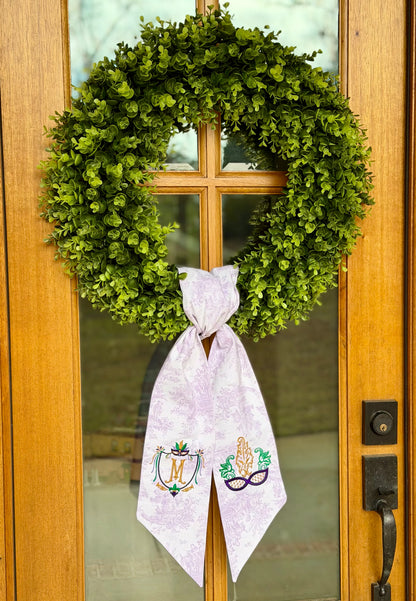 Mardi Gras Crest & Mask Wreath Sash | Lavender Toile