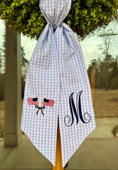 Patriotic Flags & Navy Monogram Wreath Sash | Light Blue 1/4" Gingham