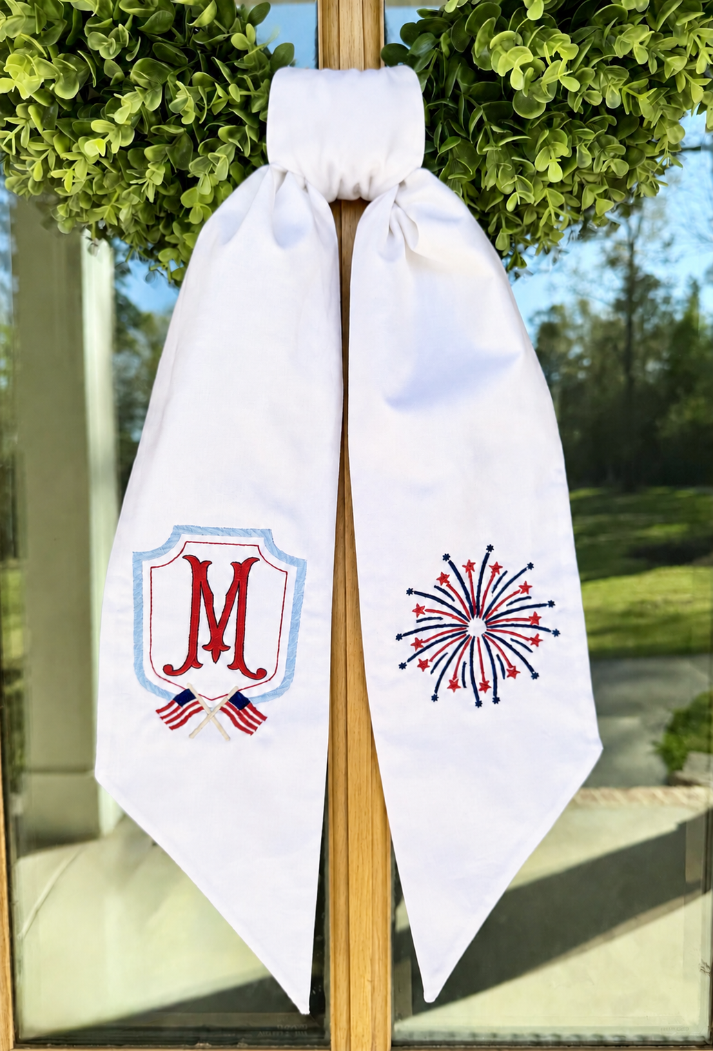 Patriotic Crest & Fireworks Wreath Sash | White