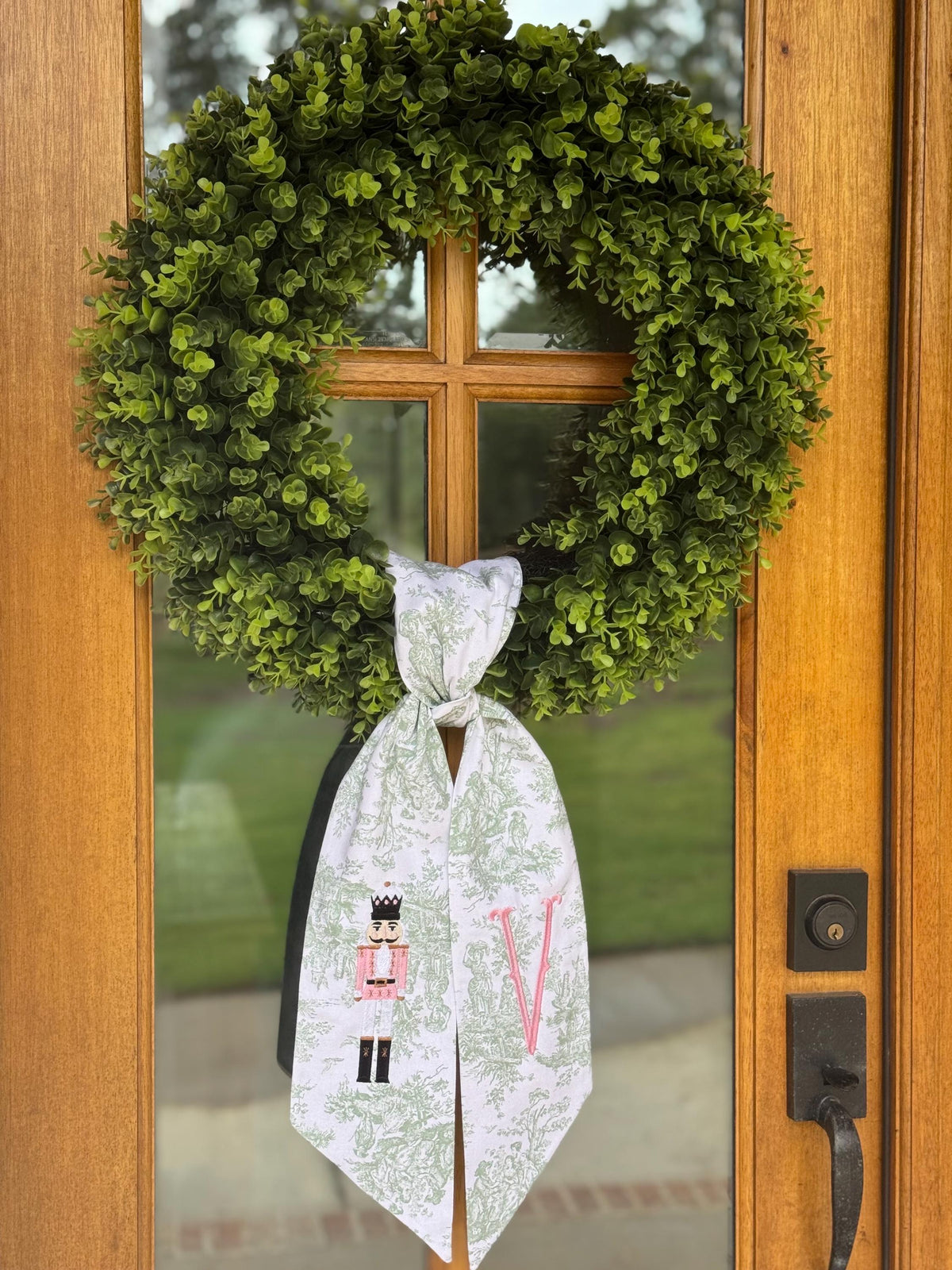 Pink & White Christmas Nutcracker Wreath Sash | Sage Green Toile