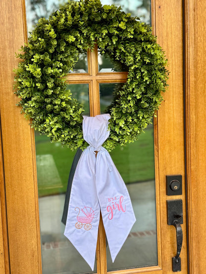 It's A Girl Carriage Wreath Sash | White