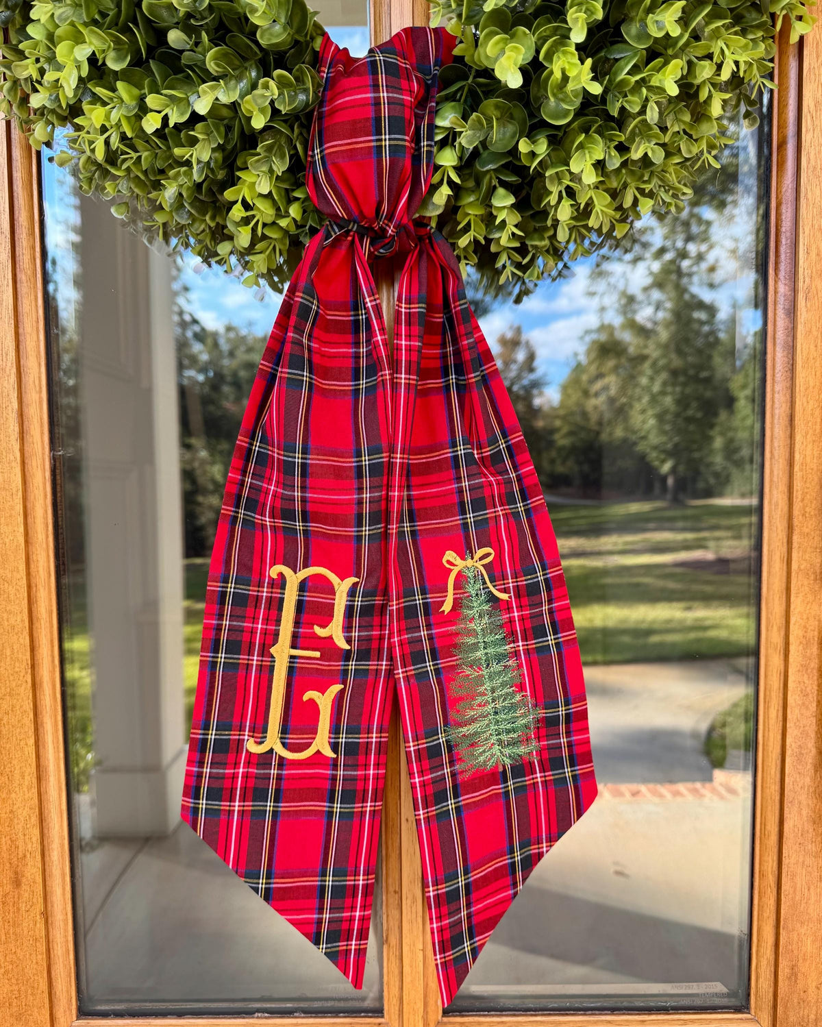 Classic Pine Christmas Tree Wreath Sash | Red Tartan Plaid