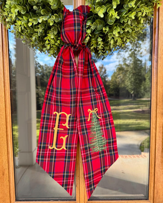 Classic Pine Christmas Tree Wreath Sash | Red Tartan Plaid