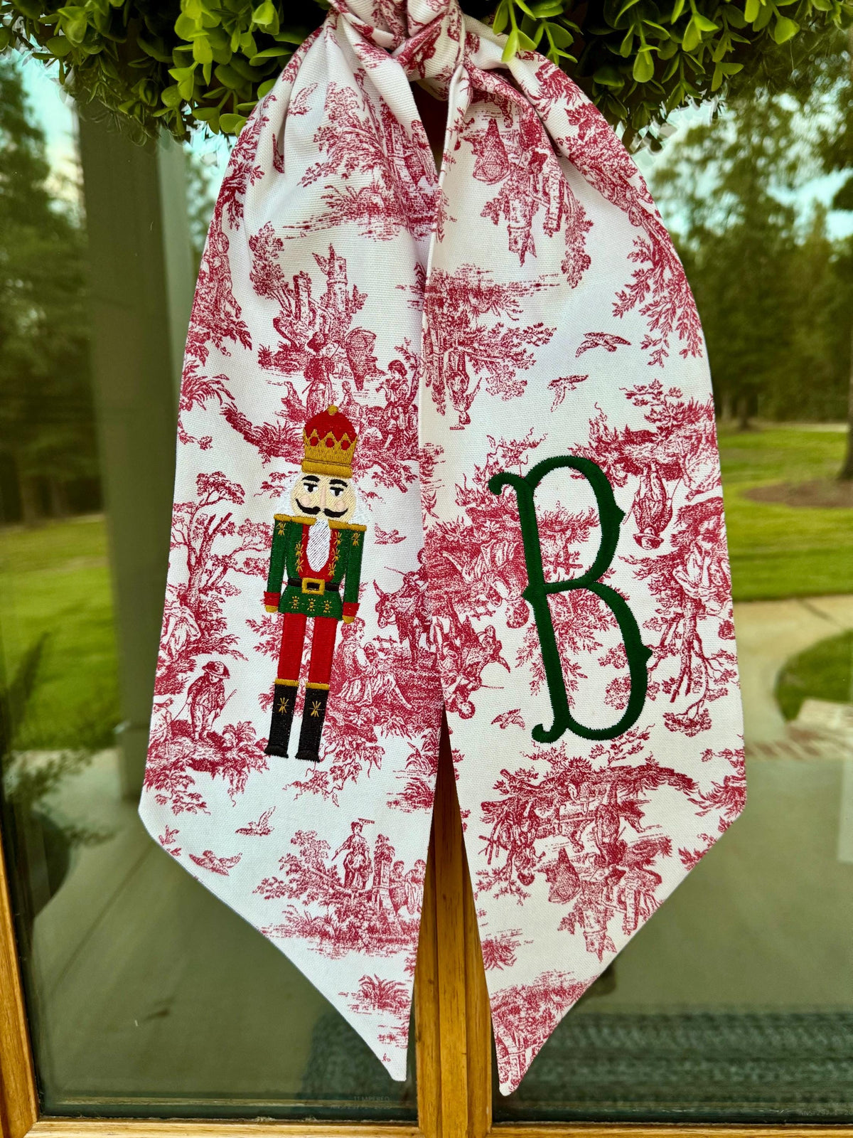 Dark Green & Red Christmas Nutcracker Wreath Sash | Red Toile