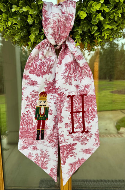 Dark Green & Red Christmas Nutcracker Wreath Sash | Red Toile