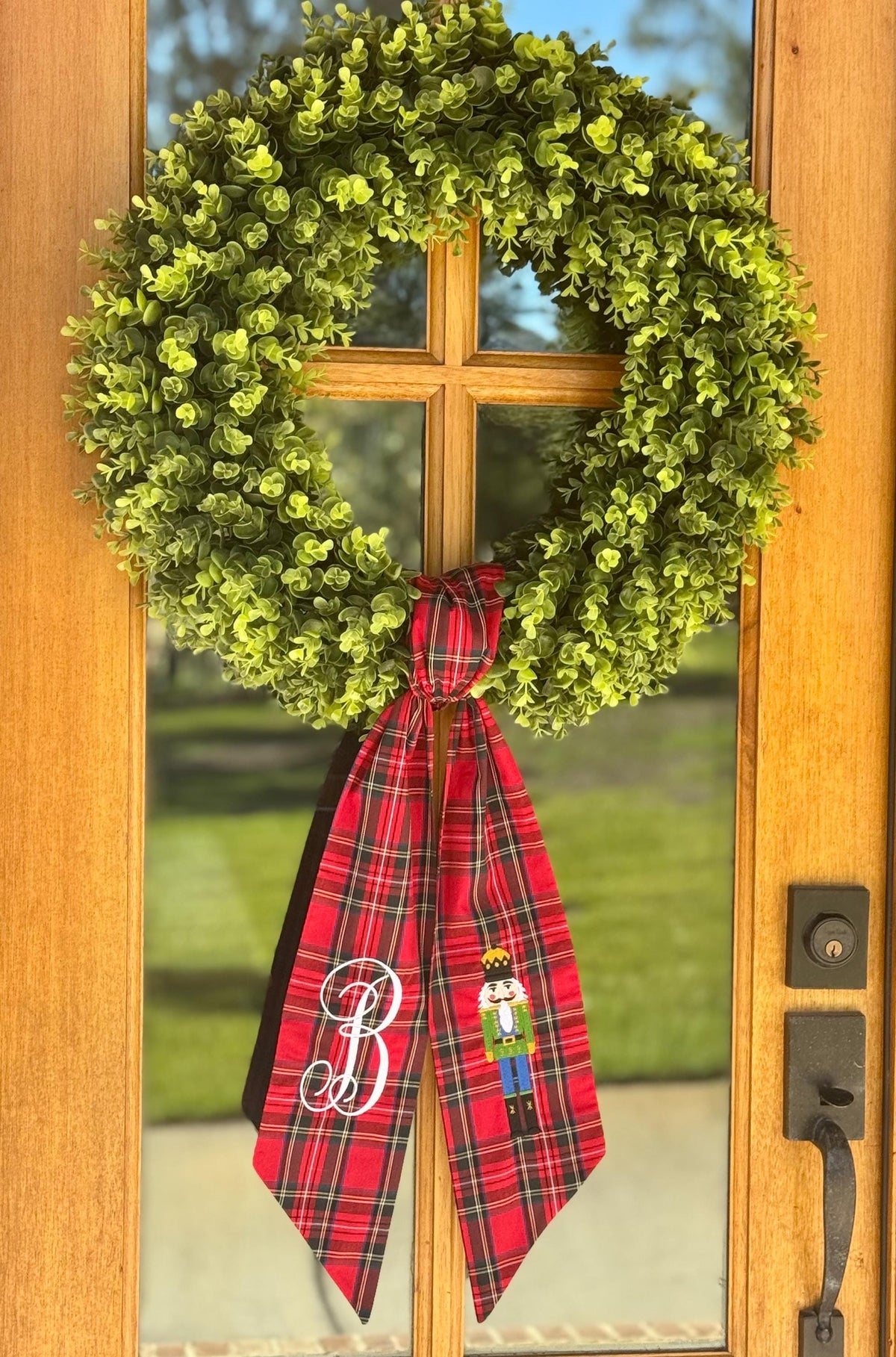 Bright Green & Blue Christmas Nutcracker Wreath Sash | Red Tartan Plaid