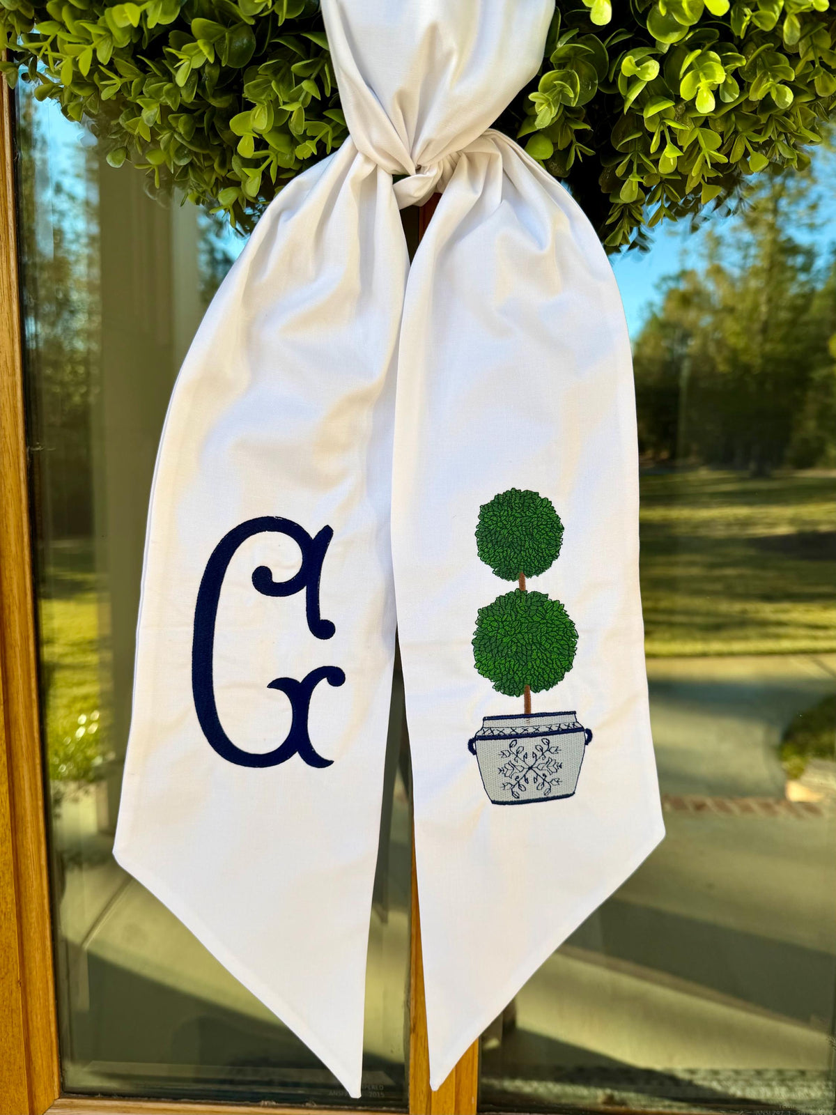 Classic Initial Boxwood Topiary Wreath Sash | White
