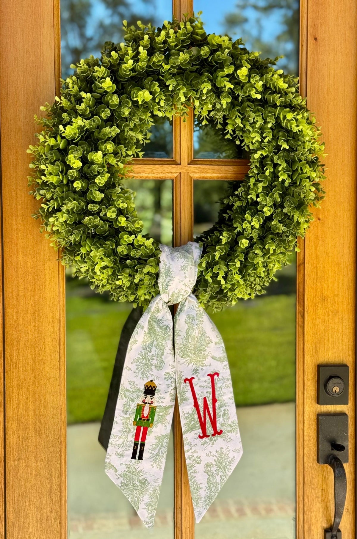 Bright Green & Red Christmas Nutcracker Wreath Sash | Sage Green Toile