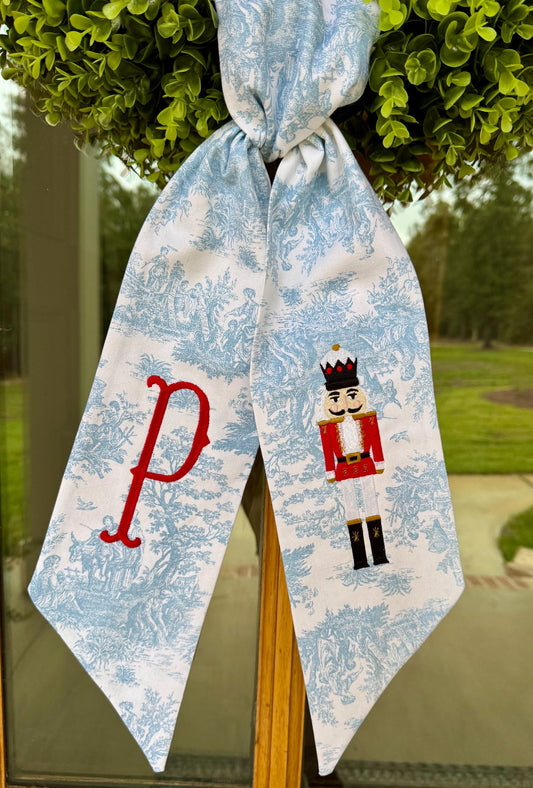 Red & White Christmas Nutcracker Wreath Sash | Light Blue Toile