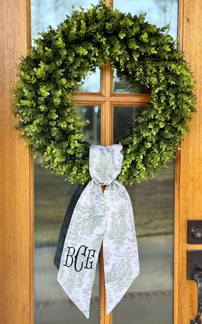 Traditional Monogram Wreath Sash | Sage Green Toile