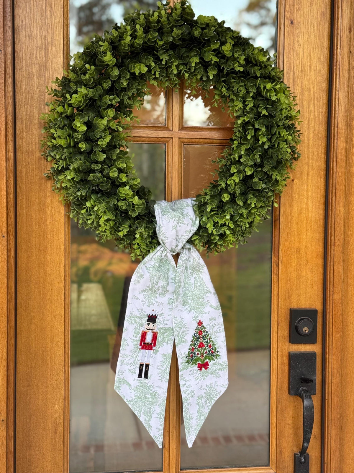 Red & White Nutcracker and Heirloom Poinsettia Christmas Tree Wreath Sash | Sage Green Toile