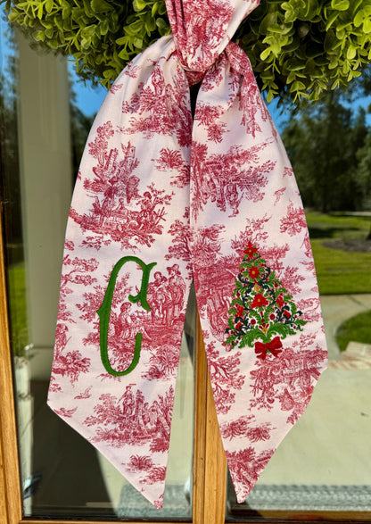 Heirloom Poinsettia Christmas Tree Wreath Sash | Red Toile