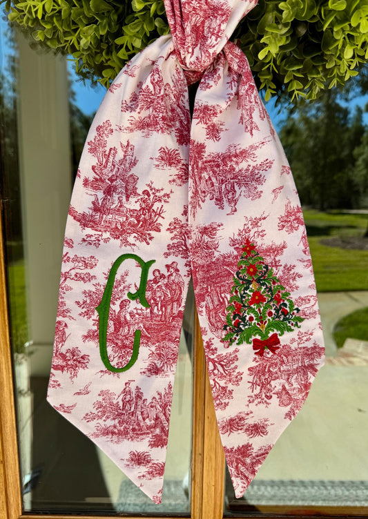 Heirloom Poinsettia Christmas Tree Wreath Sash | Red Toile